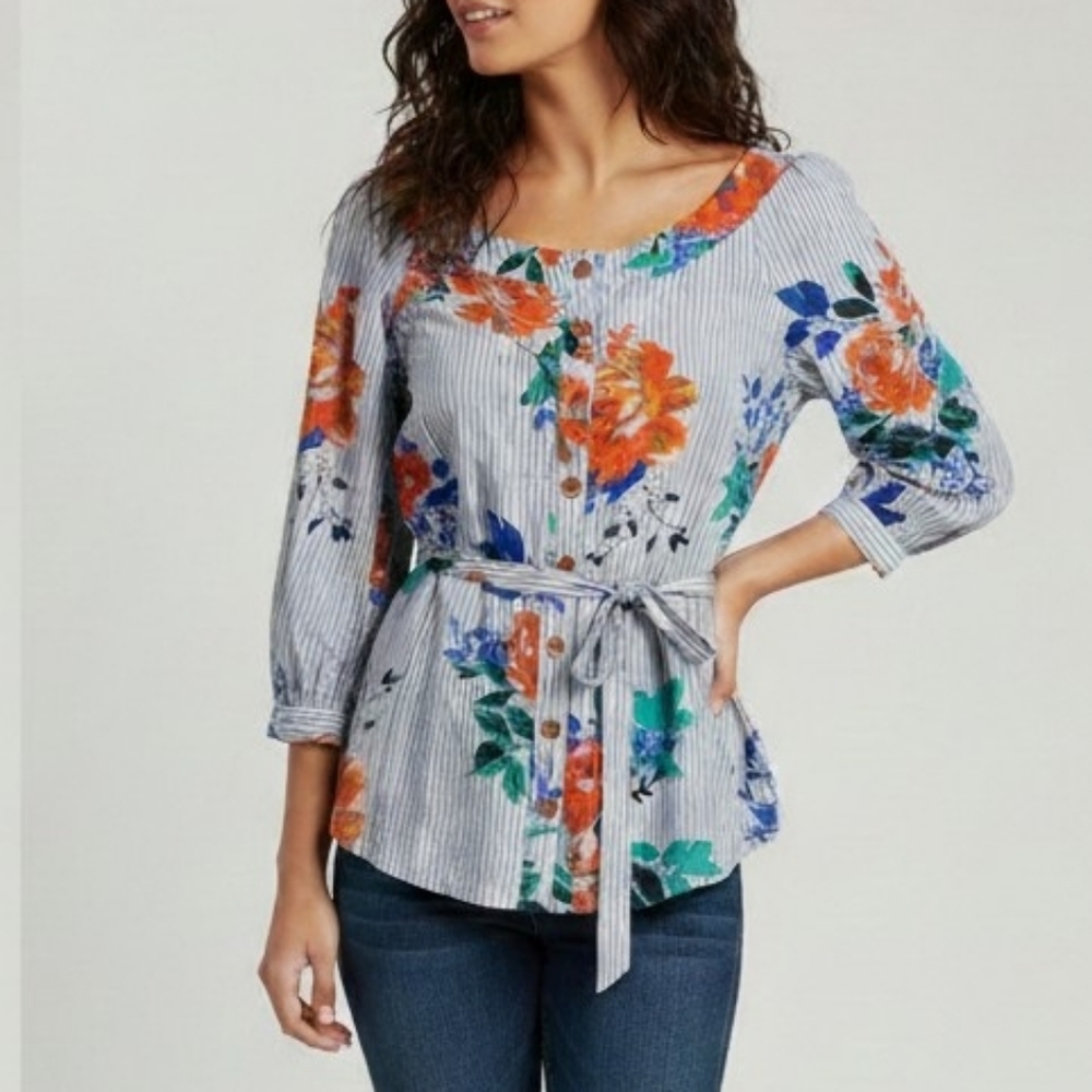 Maeve Anthropologie Lilorne Floral Stripes Tie Button Down 100% Rayon Blouse US0